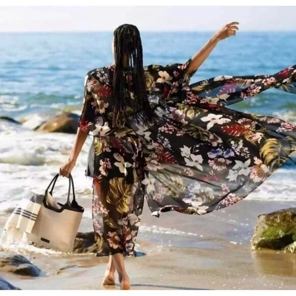 Walter Baker Tulum Caftan O/S Tropical Print Black